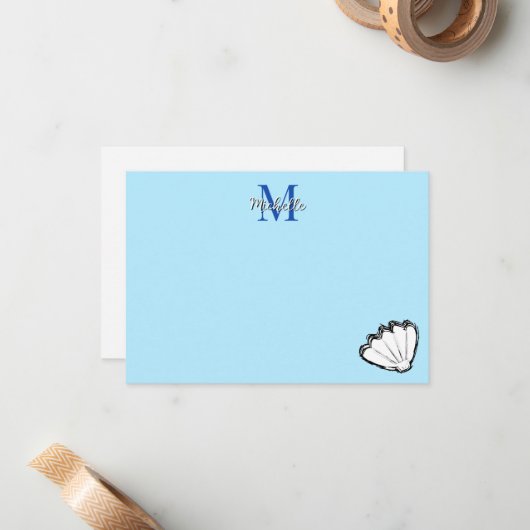 Seashell Sketch White And Blue Monogram Mitteilungskarte (Vorderseite/Rückseite Beispiel)