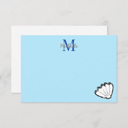Seashell Sketch White And Blue Monogram Mitteilungskarte (Vorne/Hinten)