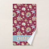 Seashell & Starfish Muster auf Maroon-Hintergrund Badhandtuch Set (Handtuch)