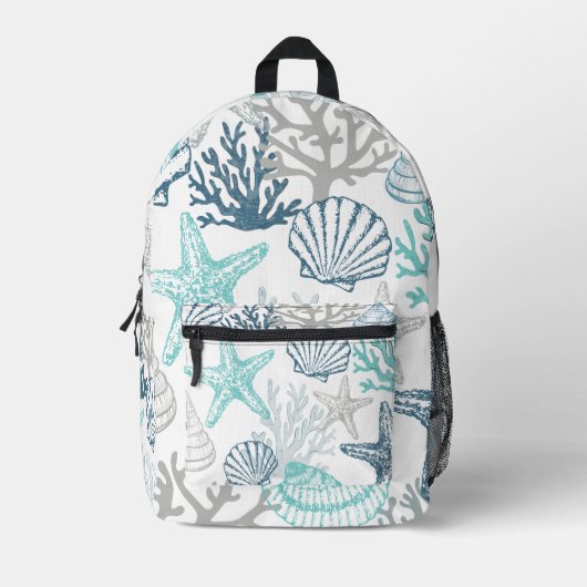 Seashell Starfish Muster blau und Aquamarin Bedruckter Rucksack (Vorderseite)