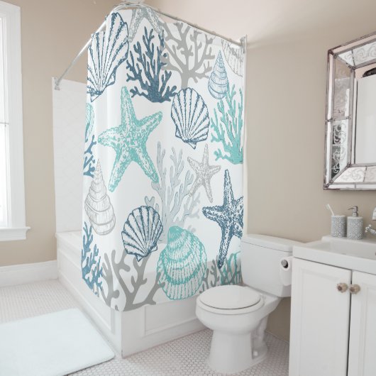 Seashell Starfish Muster blau und Aquamarin Duschvorhang (Beispiel)