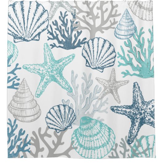 Seashell Starfish Muster blau und Aquamarin Duschvorhang (Vorderseite)