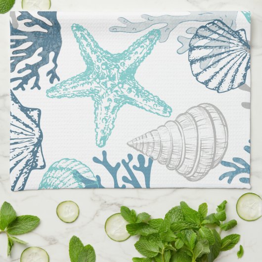 Seashell Starfish Muster blau und Aquamarin Geschirrtuch (Gefaltet)