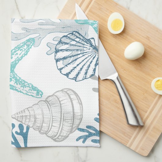 Seashell Starfish Muster blau und Aquamarin Geschirrtuch (Viertel Falte)