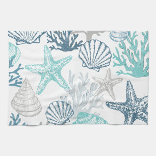 Seashell Starfish Muster blau und Aquamarin Geschirrtuch