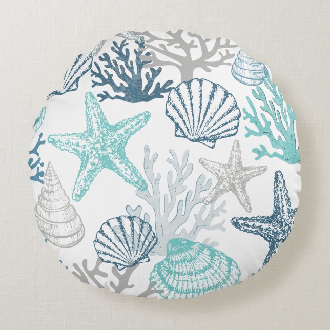 Seashell Starfish Muster blau und Aquamarin Rundes Kissen (Vorderseite)
