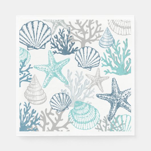 Seashell Starfish Muster blau und Aquamarin Serviette (Vorderseite)