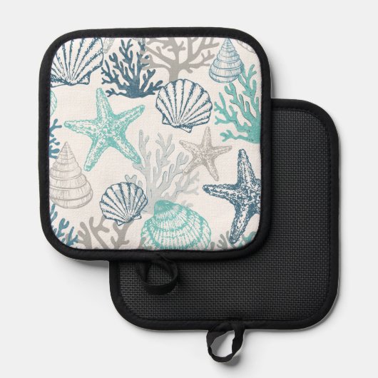 Seashell Starfish Muster blau und Aquamarin Topflappen (Vorderseite/Rückseite)