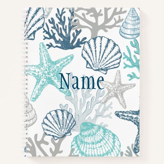 Seashell Starfish Muster Blau und Aquamariner Name Notizblock (Vorderseite)