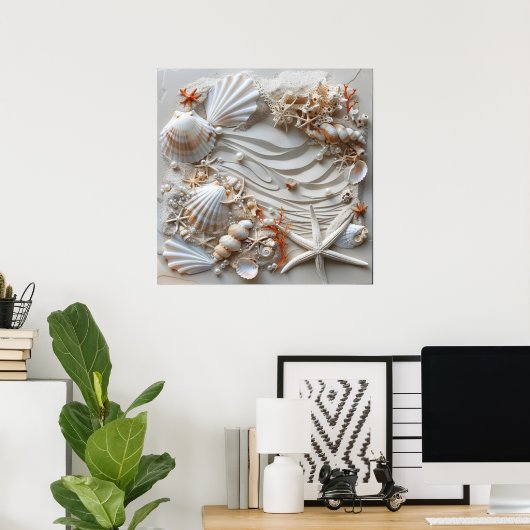 Seashell Starfish Pearls Sand Beach Summer, Poster (Heimbüro)