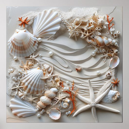 Seashell Starfish Pearls Sand Beach Summer, Poster (Vorne)
