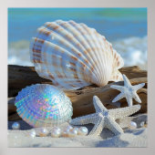 Seashell Starfish Pearls Sand Beach Summer, Poster (Vorne)