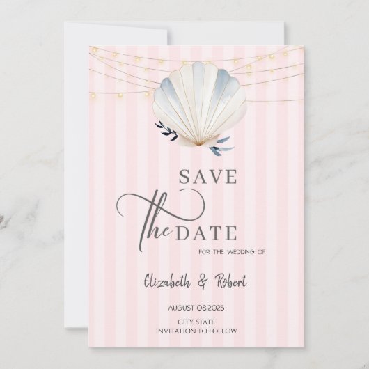 Seashell String Lights Pink Stripes Save the Date (Vorderseite)