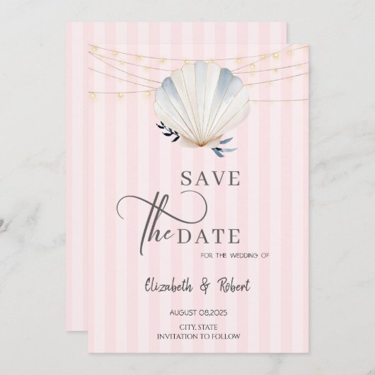 Seashell String Lights Pink Stripes Save the Date (Vorne/Hinten)