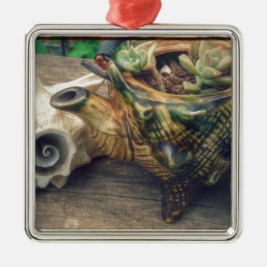 Seashell Tea Kettle mit Sukkulenten gepflanzt Ornament Aus Metall (Vorne)
