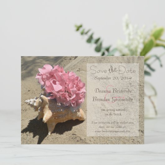 Seashell und Hydrangea Pink Save the Date (Stehend Vorderseite)