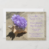 Seashell und Hydrangea Save the Date Lila (Vorderseite)