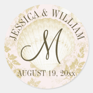 Seashell Vintag Beach Wedding Monogram Pink Runder Aufkleber