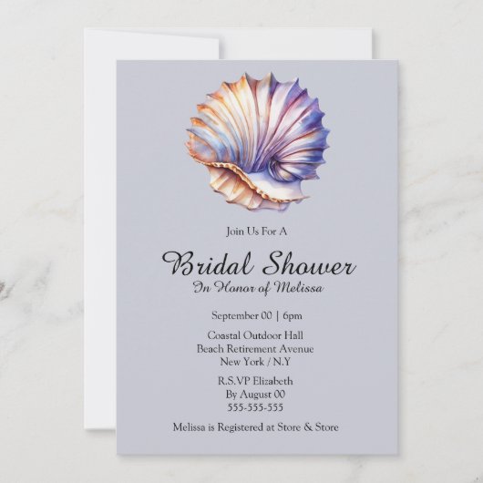 Seashell Wasserstrand Brautparty staubblau Einladung (Vorderseite)