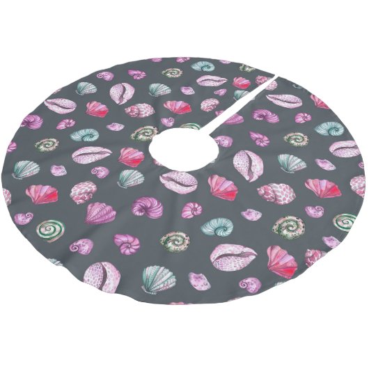 Seashell Watercolor: Dunkles blaues Muster Polyester Weihnachtsbaumdecke (Schrägansicht)