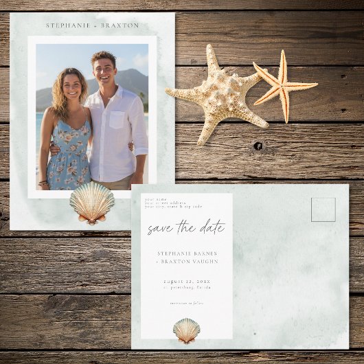 Seashell Watercolor Minimal Beach Photo Save Date Postkarte