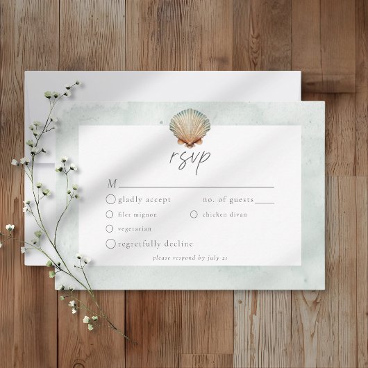 Seashell Watercolor Minimalist Beach Wedding RSVP Karte