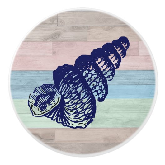 Seashell Wood Nautical Beach Muscheln Blue Peach Keramikknauf (Vorderseite)