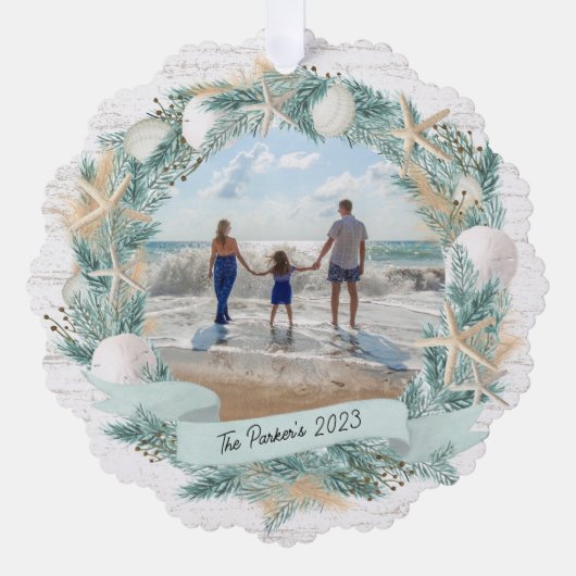 Seashell Wreath und Banner mit Foto Ornament Karte (Vorderseite)