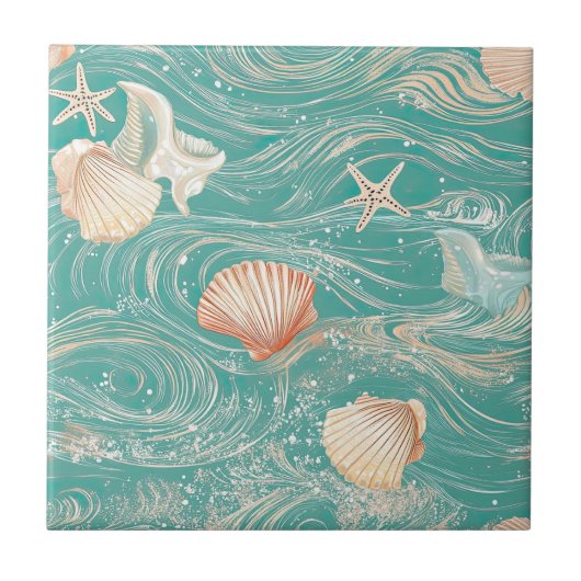 Seashells and Ocean Waves Pattern (10) Fliese (Vorderseite)