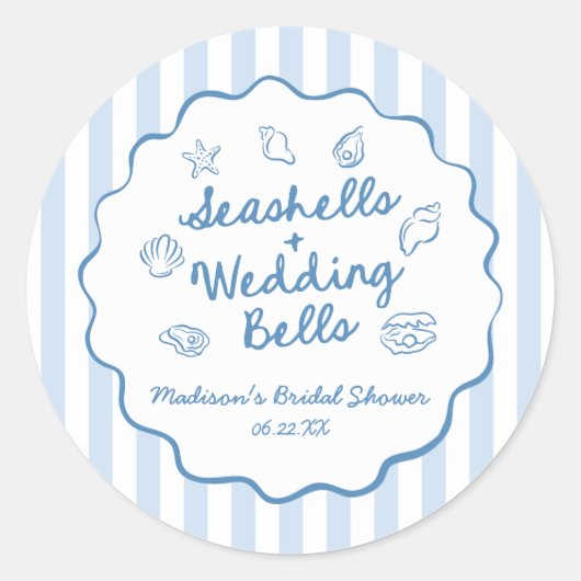 Seashells and Wedding Bells Coastal Bridal Shower Runder Aufkleber (Vorderseite)