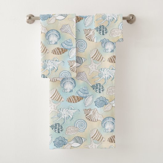 Seashells Aqua Blue Brown Beach Coastal Badhandtuch Set (Insitu)