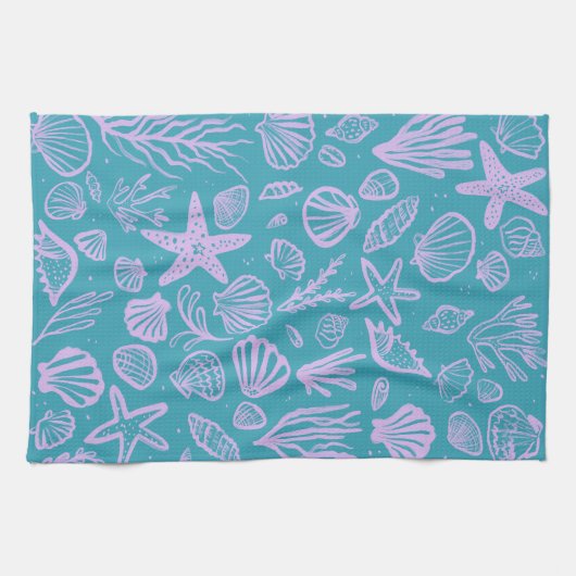Seashells Aqua Lavender Pattern Beach Muscheln Chi Geschirrtuch (Horizontal)