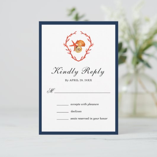 Seashells Aquarellhochzeit RSVP Card (Stehend Vorderseite)