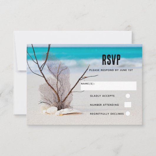 Seashells auf einer Hochzeit am Sandy Beach Foto RSVP Karte (Vorderseite)