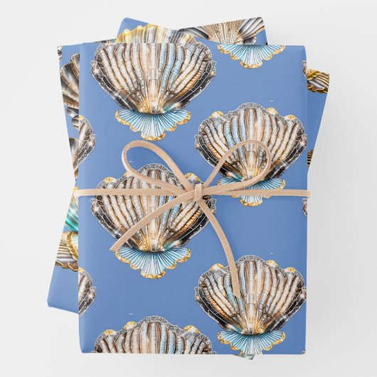 Seashells Austernperle silberglänzendes Strandmust Geschenkpapier Set (Beispiel)