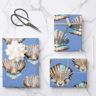 Seashells Austernperle silberglänzendes Strandmust Geschenkpapier Set