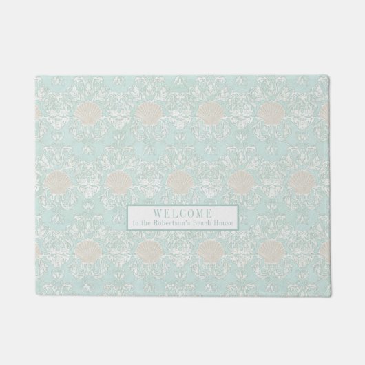 Seashells Beach Blue White Damask Muster Fußmatte (Vorderseite)
