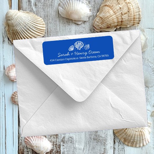 Seashells Beach Wedding Blue White CUSTOM Address