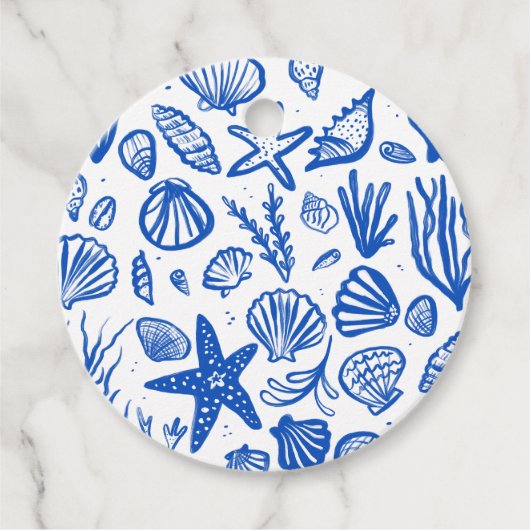 Seashells Beach Wedding Blue White CUSTOM Geschenkanhänger (Vorderseite)