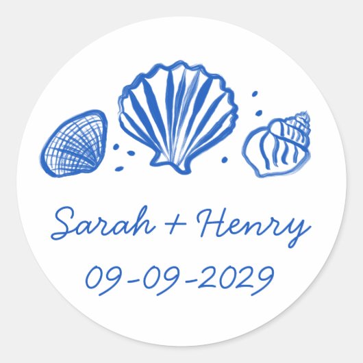 Seashells Beach Wedding Blue White CUSTOM Runder Aufkleber (Vorderseite)