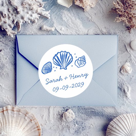 Seashells Beach Wedding Blue White CUSTOM  Runder Aufkleber