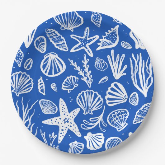 Seashells Beach Wedding Blue White Niedlich Seasid Pappteller (Vorderseite)