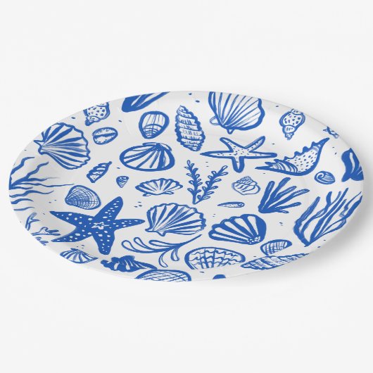 Seashells Beach Wedding Blue White Niedlich Seasid Pappteller (Schrägansicht)