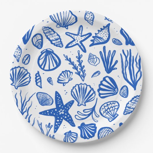 Seashells Beach Wedding Blue White Niedlich Seasid Pappteller (Vorderseite)