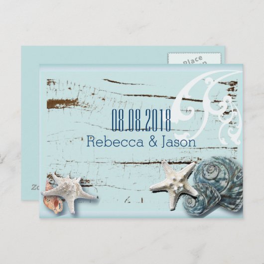 SeaShells Beach Wedding Save the Date Ankündigungspostkarte (Vorne/Hinten)
