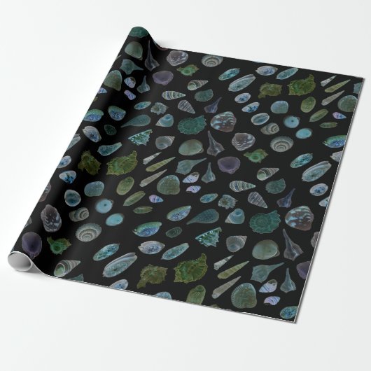 Seashells Black Glossy Matt Wrapping Paper Geschenkpapier (Ungerollt)