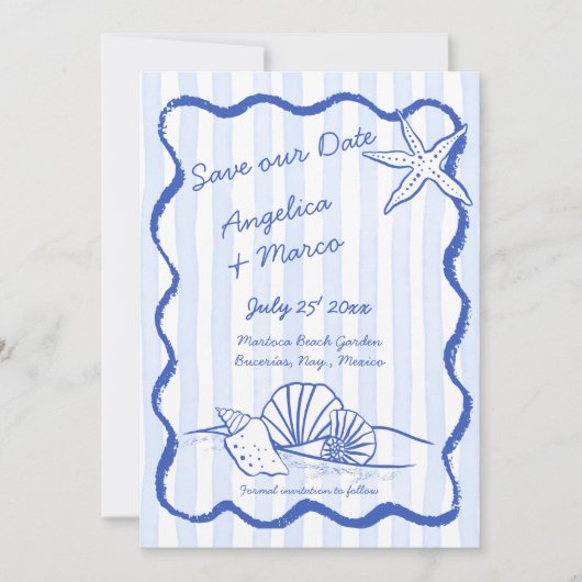 Seashells Blauer, handgewachsene, wellenförmige Gr Save The Date (Vorderseite)