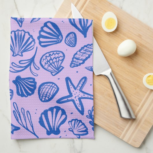 Seashells Blue & Lila Pattern Beach Muscheln Chic Geschirrtuch (Viertel Falte)