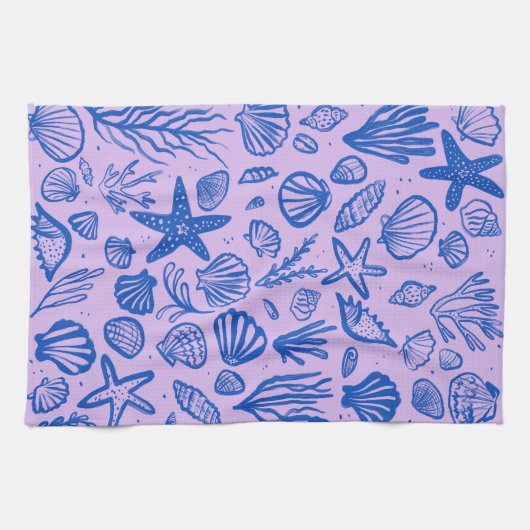 Seashells Blue & Lila Pattern Beach Muscheln Chic Geschirrtuch (Horizontal)