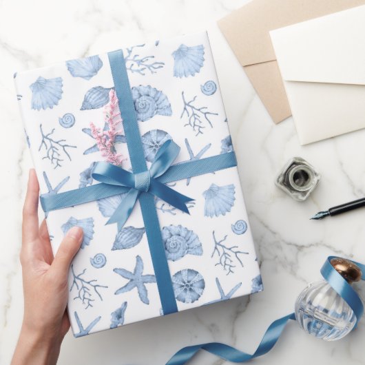 Seashells Blue Watercolor Seashore Party Geschenkpapier (Schenken)